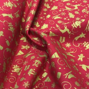 Algodón motivos navideños dorados y fondo rojo